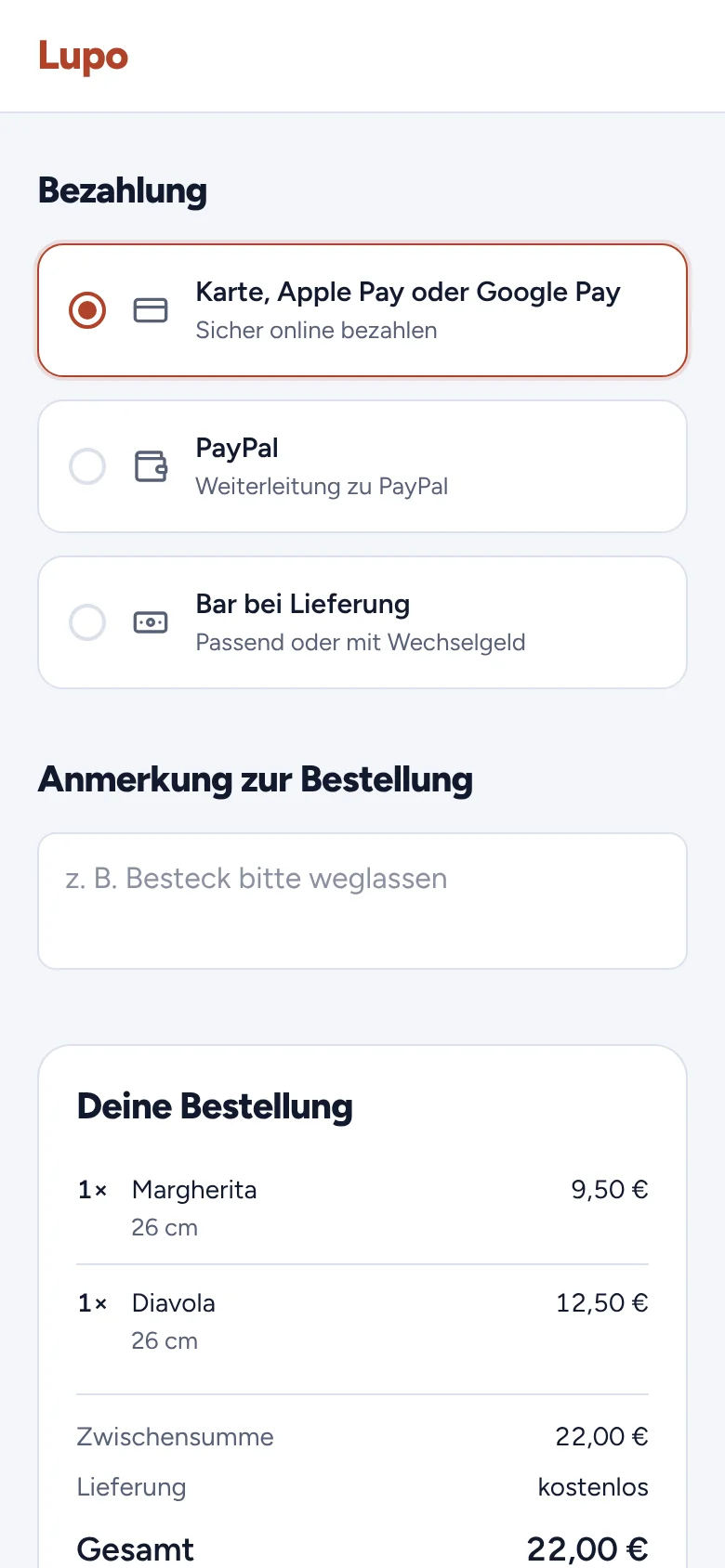 Kasse auf dem Handy mit den Zahlarten Karte, PayPal und Bar bei Lieferung