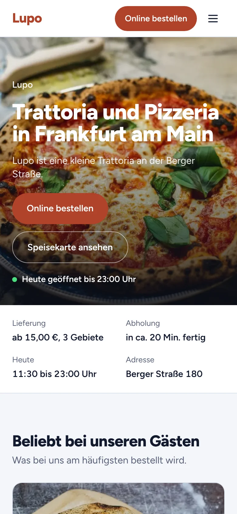 Website der Trattoria Lupo auf dem Handy: Titelbild, Button Online bestellen, Liefer- und Abholzeiten