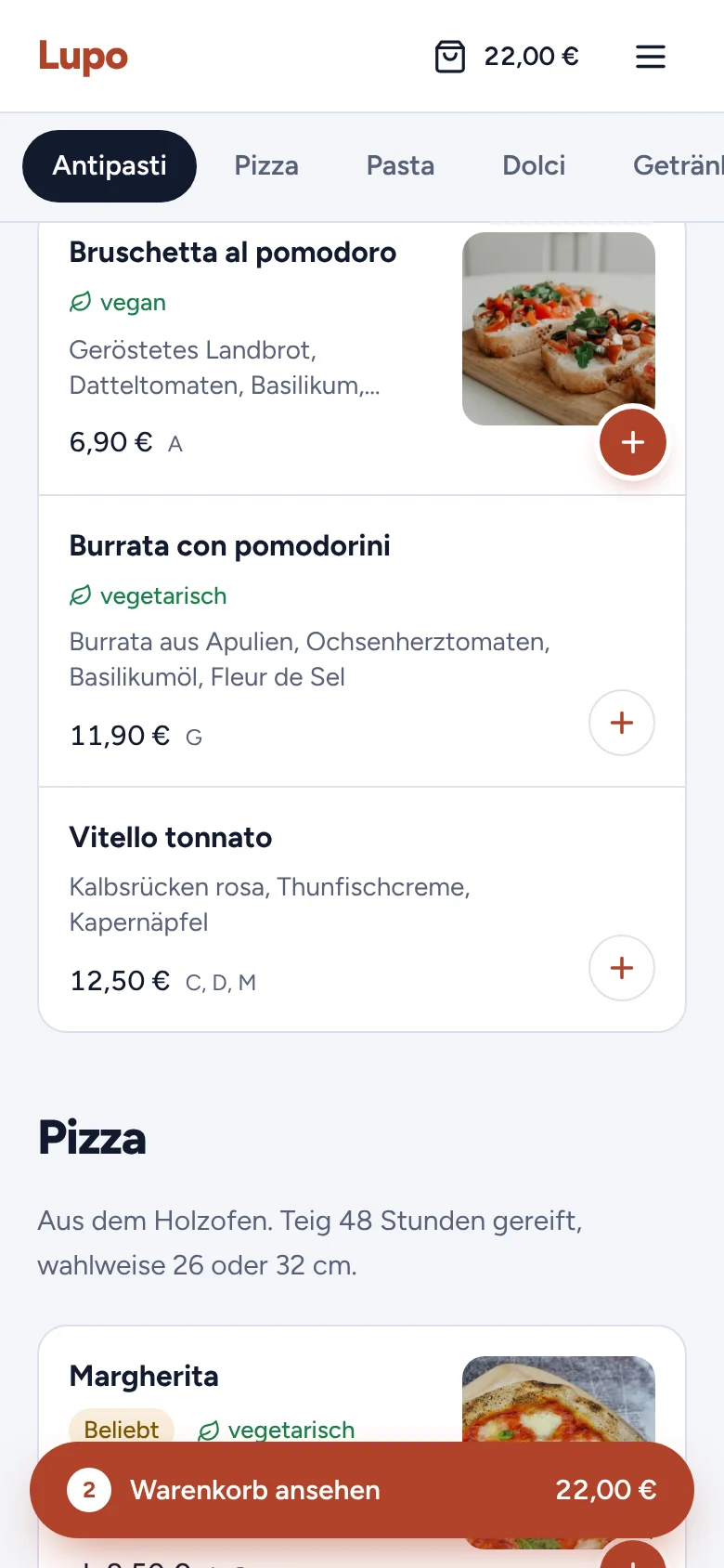 Speisekarte auf dem Handy mit Gerichten, Preisen und Warenkorb-Leiste